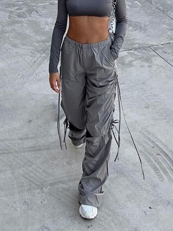 Solid Color Wide Leg Drawstring Cargo Pants kakaclo