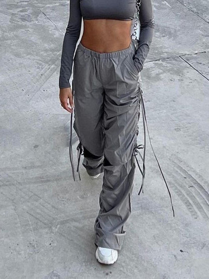 Solid Color Wide Leg Drawstring Cargo Pants kakaclo