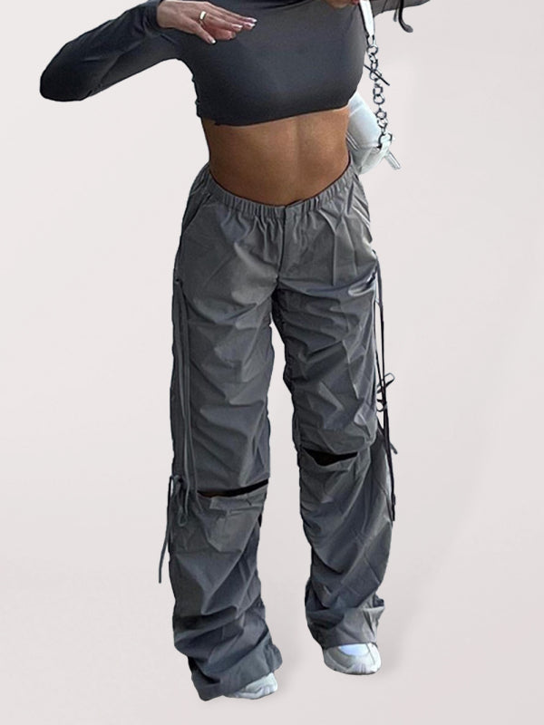 Solid Color Wide Leg Drawstring Cargo Pants kakaclo