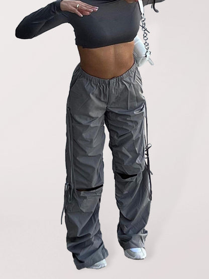 Solid Color Wide Leg Drawstring Cargo Pants kakaclo