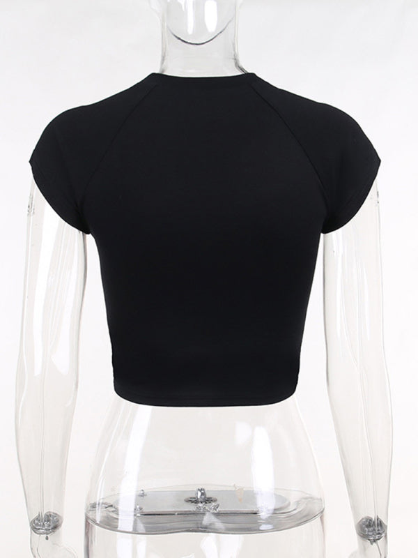 Crew Neck Graphic Print Short Sleeve Crop Top Tee kakaclo
