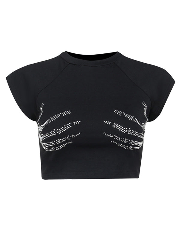 Embellished Claw Diamond Ribbed Graphic Crop Top kakaclo