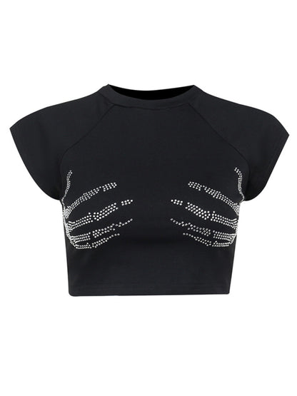 Embellished Claw Diamond Ribbed Graphic Crop Top kakaclo