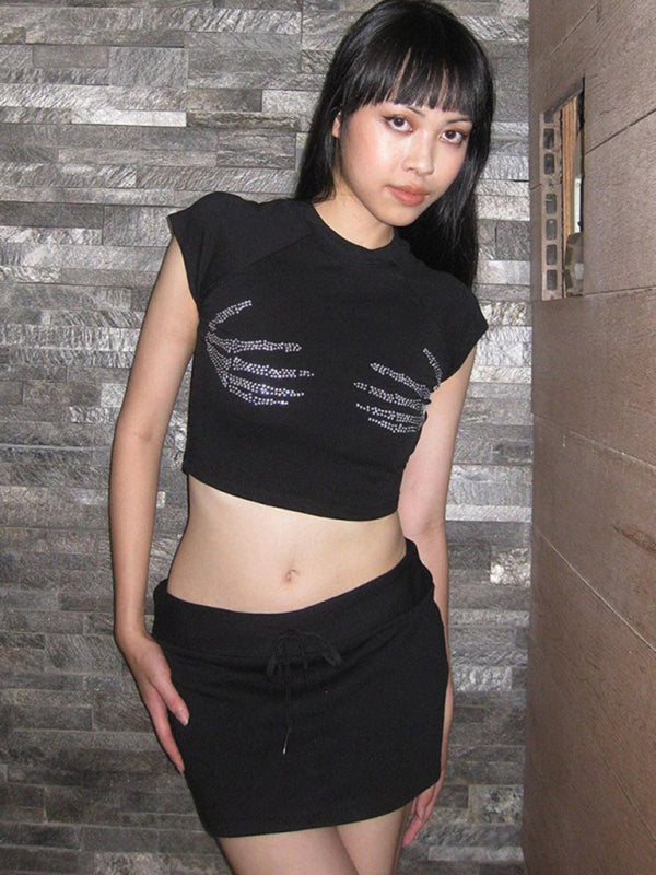 Embellished Claw Diamond Ribbed Graphic Crop Top kakaclo