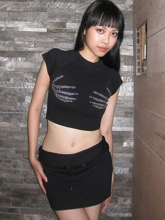 Embellished Claw Diamond Ribbed Graphic Crop Top kakaclo