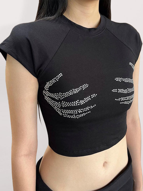 Embellished Claw Diamond Ribbed Graphic Crop Top kakaclo