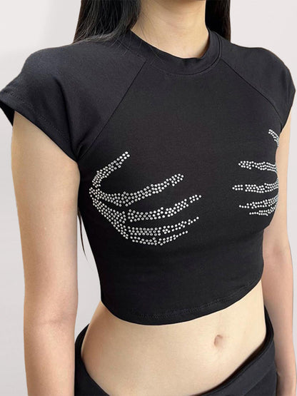 Embellished Claw Diamond Ribbed Graphic Crop Top kakaclo
