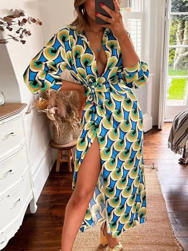 Bright Print Wrap Waist Long Sleeve Split Dress kakaclo