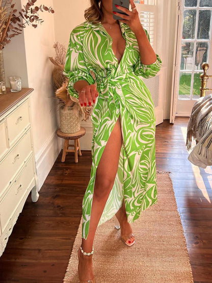 Bright Print Wrap Waist Long Sleeve Split Dress kakaclo