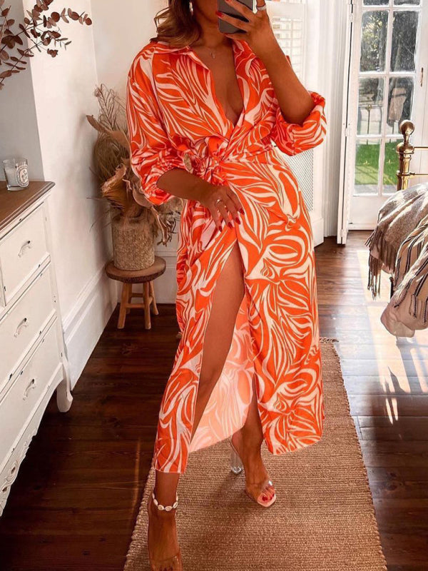 Bright Print Wrap Waist Long Sleeve Split Dress kakaclo