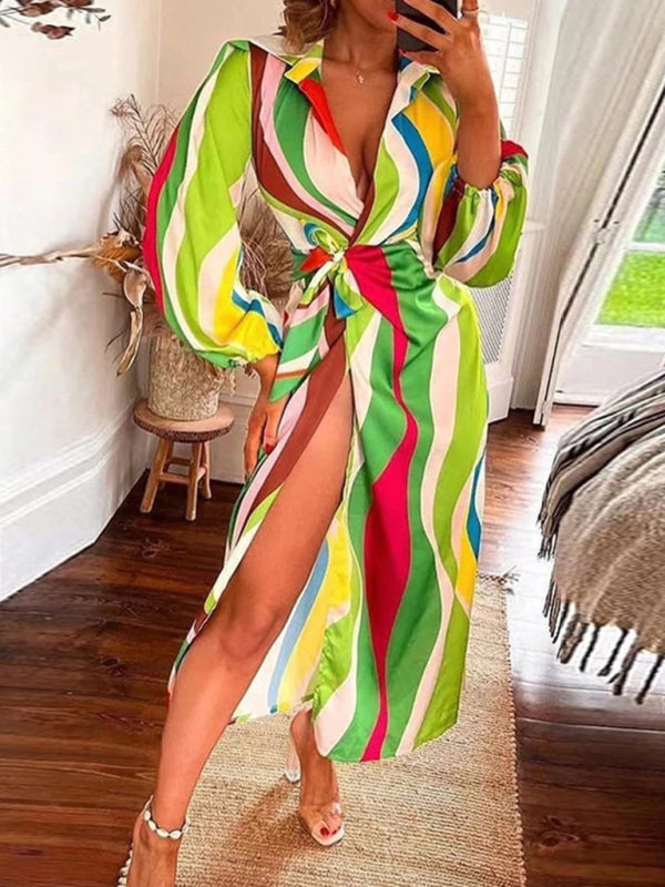 Bright Print Wrap Waist Long Sleeve Split Dress kakaclo