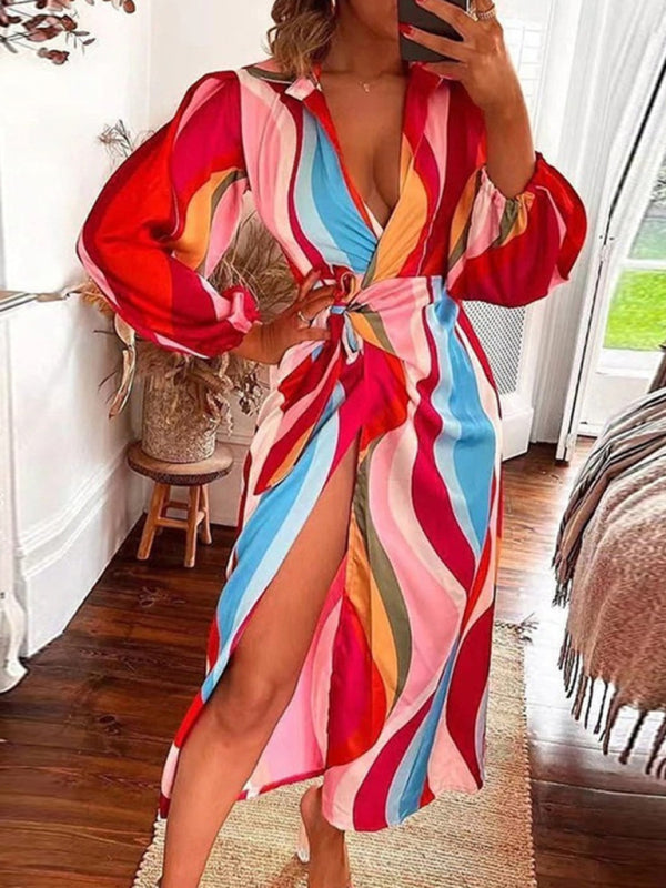 Bright Print Wrap Waist Long Sleeve Split Dress kakaclo
