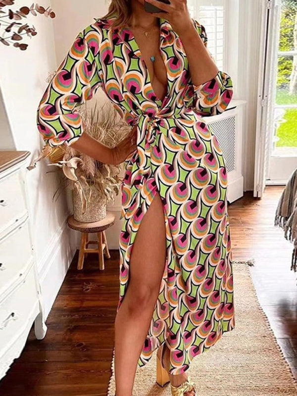 Bright Print Wrap Waist Long Sleeve Split Dress kakaclo