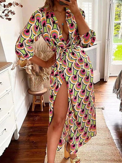 Bright Print Wrap Waist Long Sleeve Split Dress kakaclo
