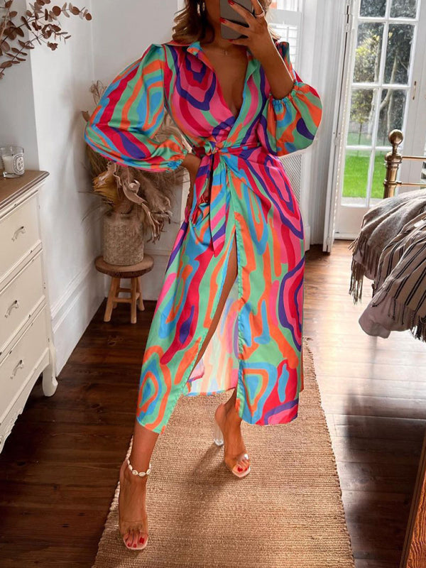 Bright Print Wrap Waist Long Sleeve Split Dress kakaclo