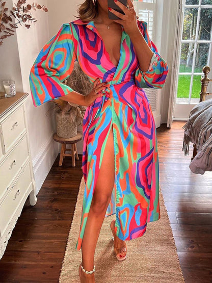 Bright Print Wrap Waist Long Sleeve Split Dress kakaclo