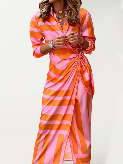 Bright Print Wrap Waist Long Sleeve Split Dress kakaclo