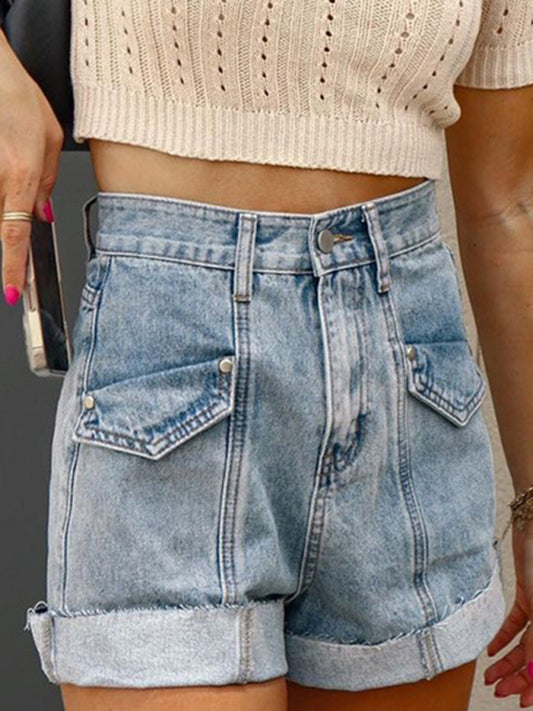 Casual Stitching Turnover Denim Shorts kakaclo