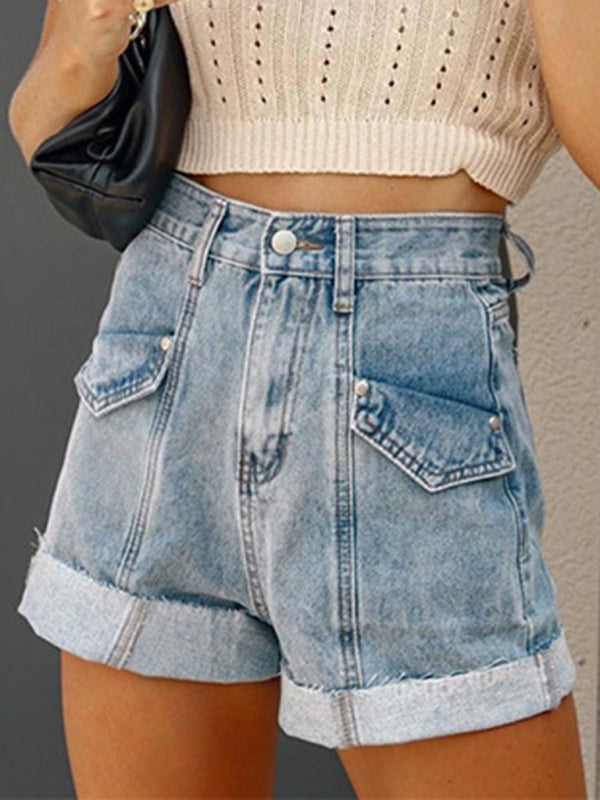 Casual Stitching Turnover Denim Shorts kakaclo