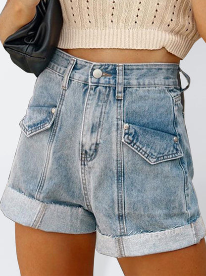 Casual Stitching Turnover Denim Shorts kakaclo