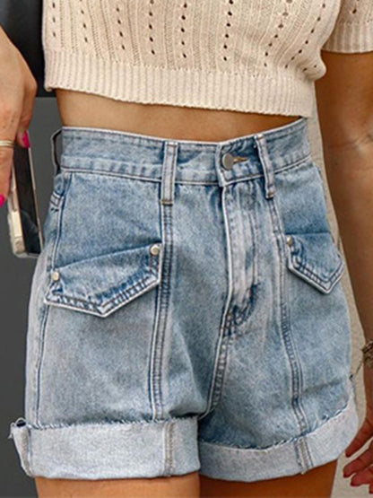 Casual Stitching Turnover Denim Shorts kakaclo