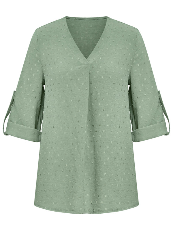 Solid Color Loose V-neck Three-quarter Sleeve Top kakaclo