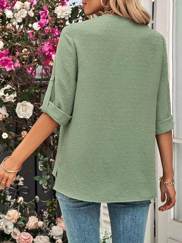 Solid Color Loose V-neck Three-quarter Sleeve Top kakaclo