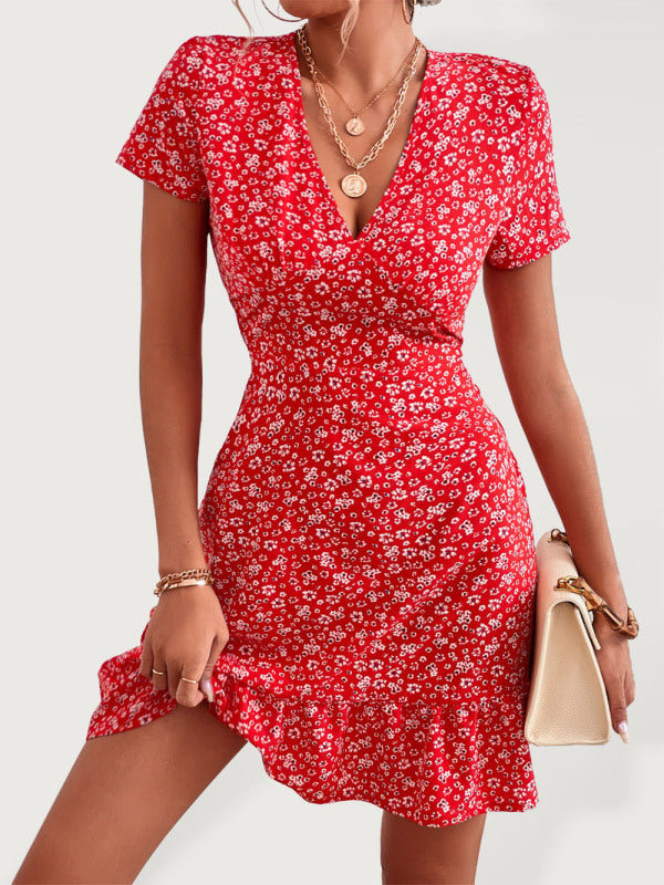 Woven V Neck Short Sleeve Printed Dress kakaclo