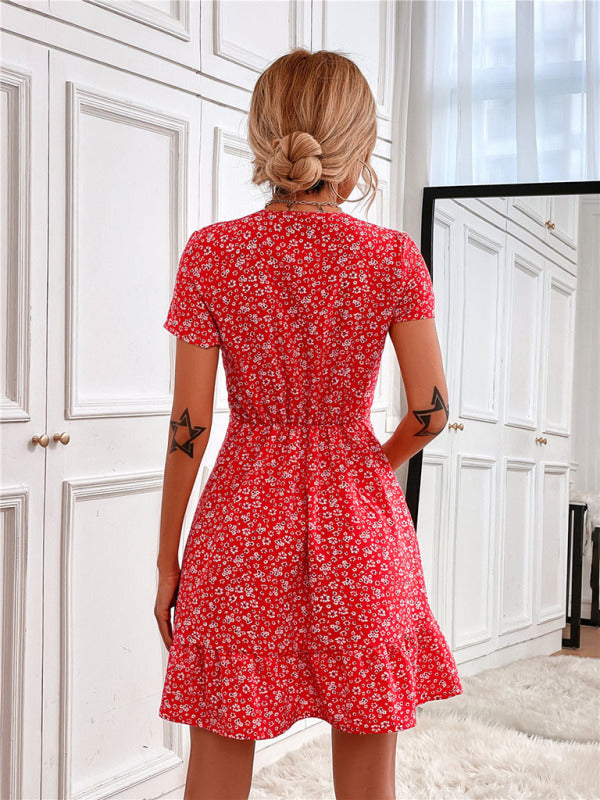 Woven V Neck Short Sleeve Printed Dress kakaclo