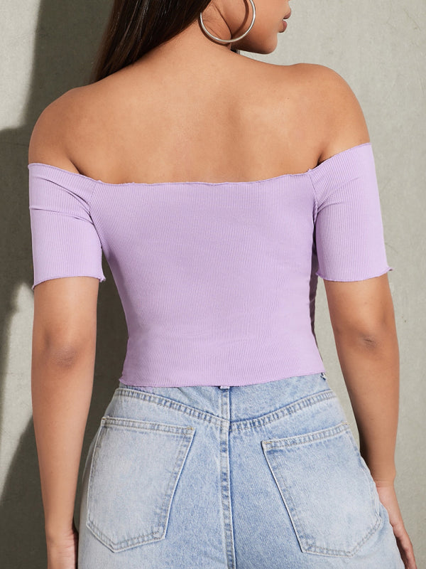 Solid Color Off-the-shoulder Ruched Crop Top kakaclo