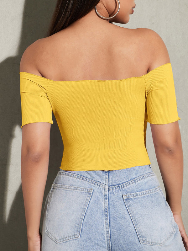 Solid Color Off-the-shoulder Ruched Crop Top kakaclo