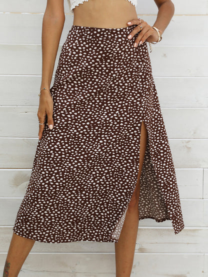 Woven Fashion Casual Slit Printed Long Skirt kakaclo