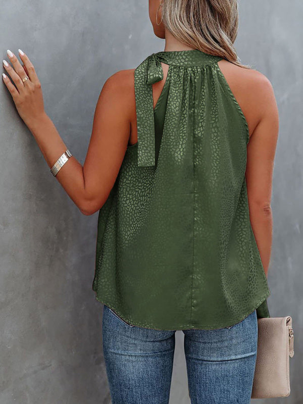 Woven Halter Neck Bow Leopard Print Sleeveless Top kakaclo