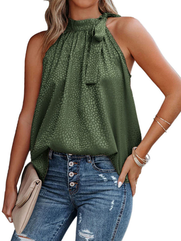 Woven Halter Neck Bow Leopard Print Sleeveless Top kakaclo
