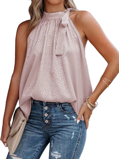 Woven Halter Neck Bow Leopard Print Sleeveless Top kakaclo