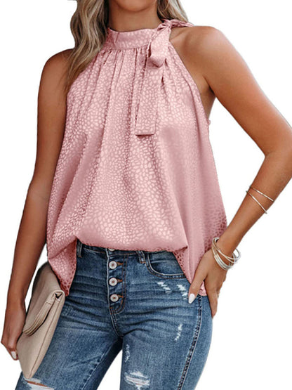 Woven Halter Neck Bow Leopard Print Sleeveless Top kakaclo