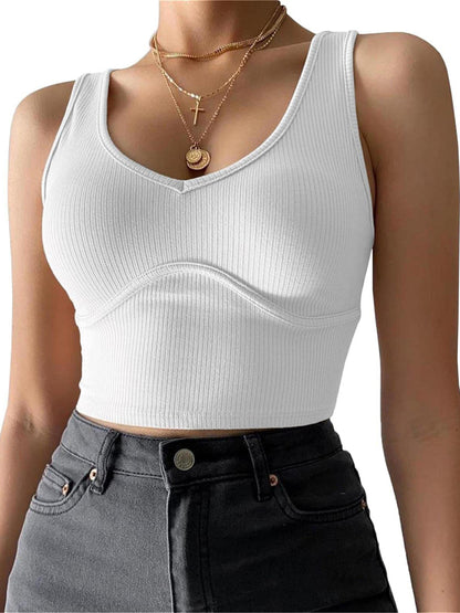 V-Neck Stitching Stretch Solid Color Knit Tank Top kakaclo
