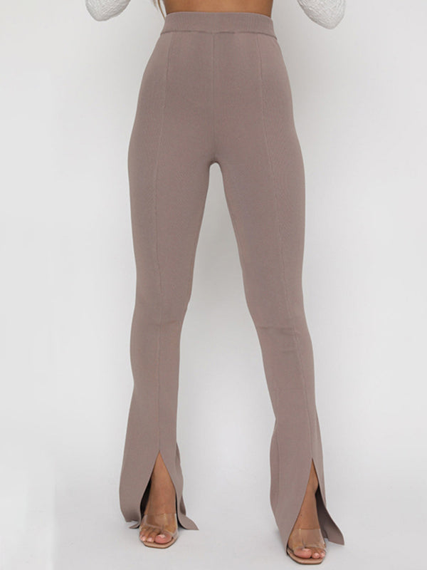 Solid Color Slit Hem Flare Pants kakaclo