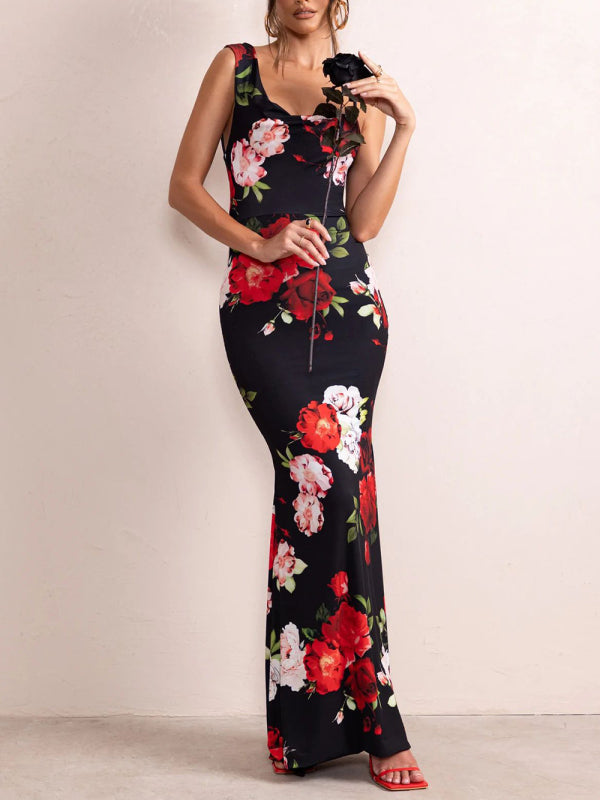 Floral Print Mix Match Straps Maxi Dress kakaclo