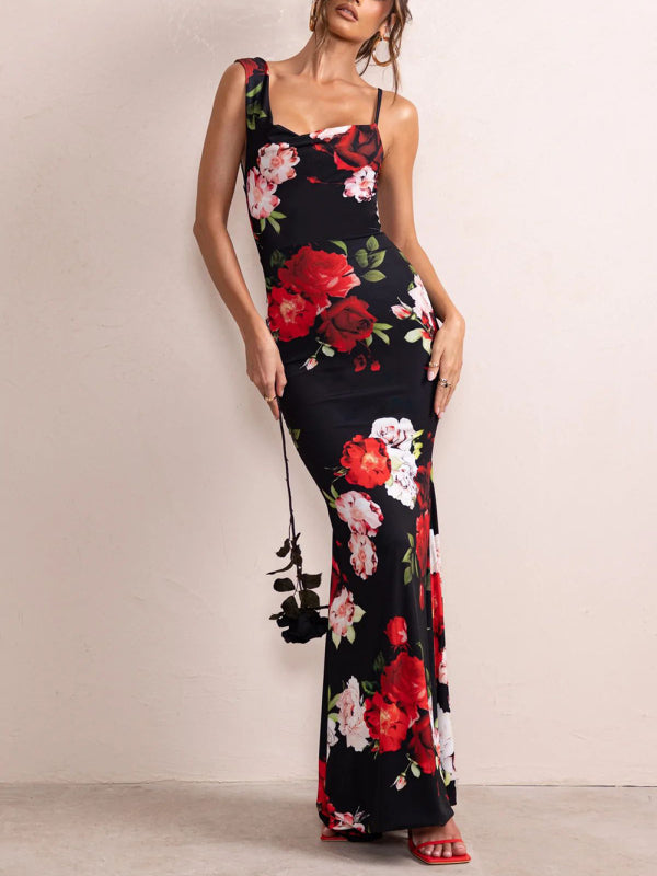 Floral Print Mix Match Straps Maxi Dress kakaclo