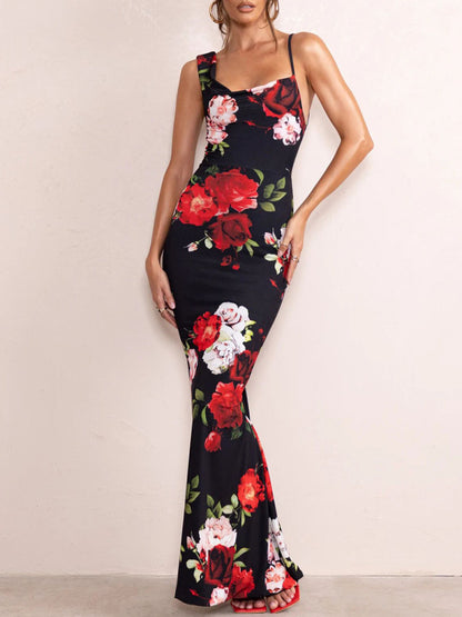 Floral Print Mix Match Straps Maxi Dress kakaclo