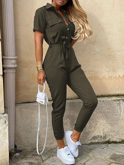 Casual Lapel Buttoned Belt Cargo Jumpsuit kakaclo