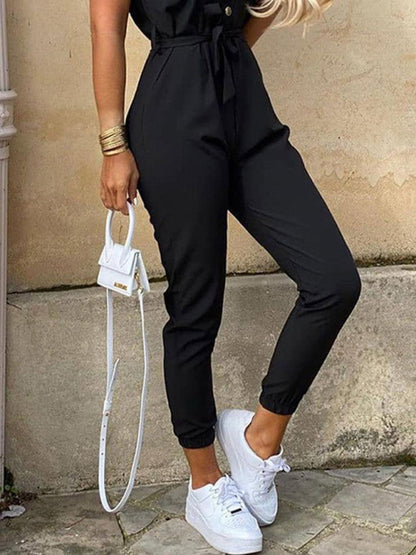Casual Lapel Buttoned Belt Cargo Jumpsuit kakaclo