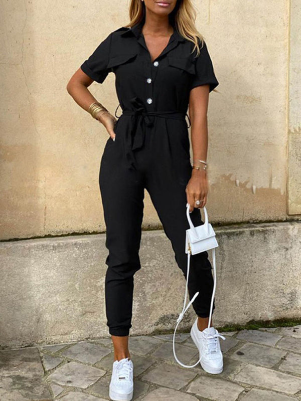 Casual Lapel Buttoned Belt Cargo Jumpsuit kakaclo