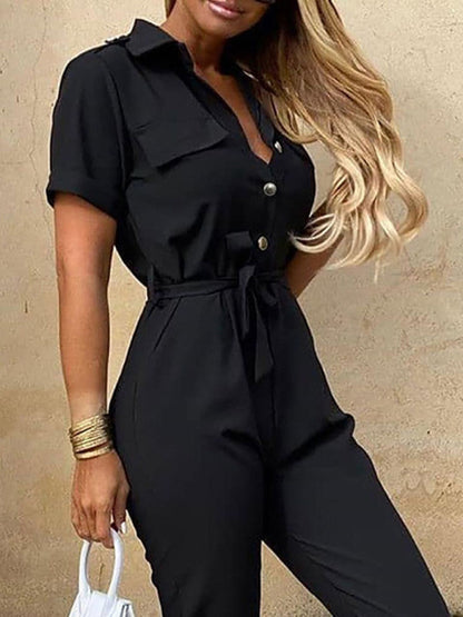 Casual Lapel Buttoned Belt Cargo Jumpsuit kakaclo