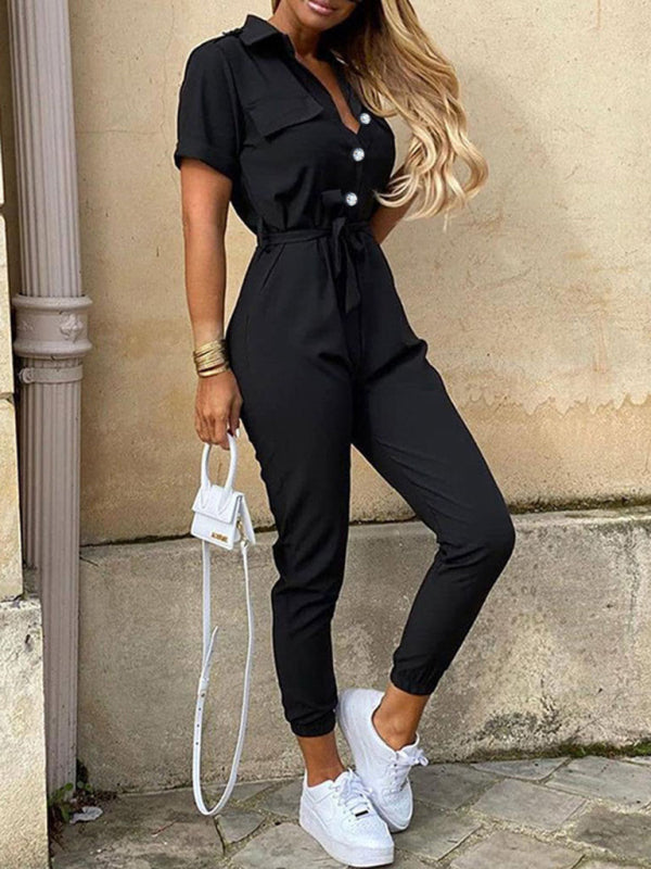 Casual Lapel Buttoned Belt Cargo Jumpsuit kakaclo