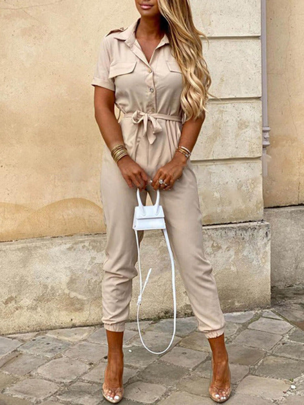 Casual Lapel Buttoned Belt Cargo Jumpsuit kakaclo