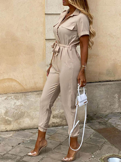 Casual Lapel Buttoned Belt Cargo Jumpsuit kakaclo