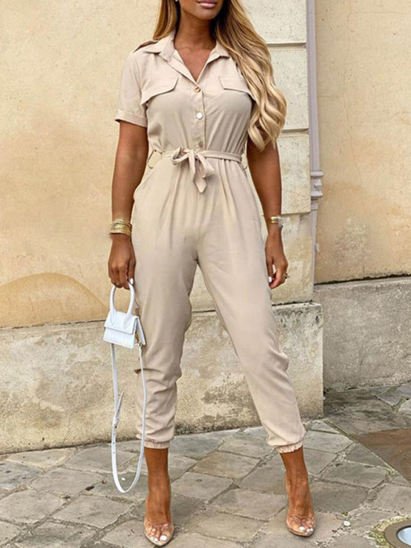 Casual Lapel Buttoned Belt Cargo Jumpsuit kakaclo