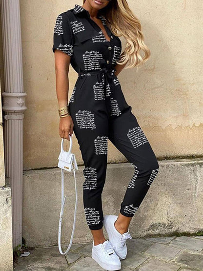 Casual Lapel Buttoned Belt Cargo Jumpsuit kakaclo